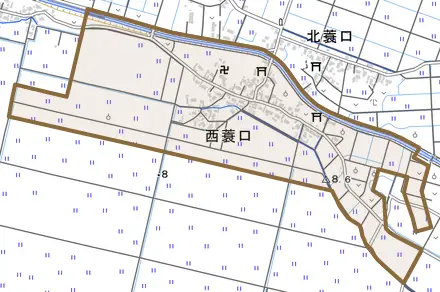 西蓑口とその周辺の地図。町の範囲を重ねている