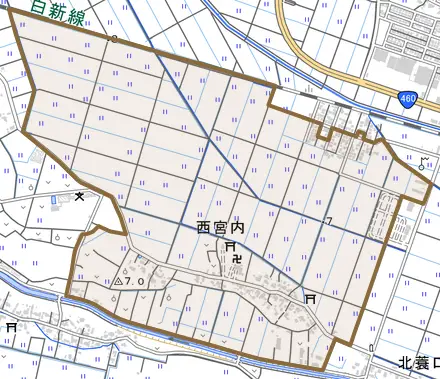 西宮内とその周辺の地図。町の範囲を重ねている