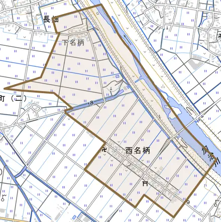 西名柄とその周辺の地図。町の範囲を重ねている