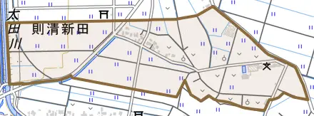則清新田とその周辺の地図。町の範囲を重ねている