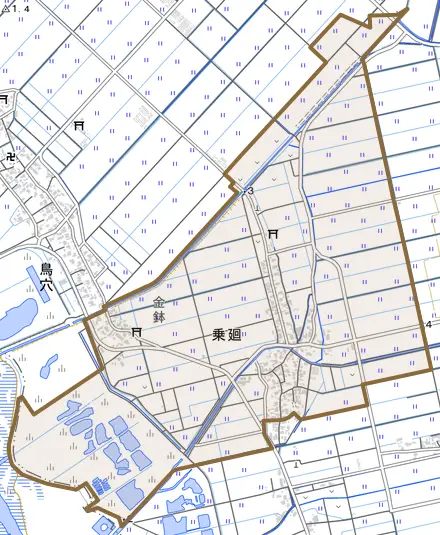 乗廻とその周辺の地図。町の範囲を重ねている