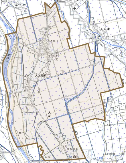 大友とその周辺の地図。町の範囲を重ねている