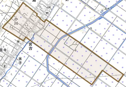 小川とその周辺の地図。町の範囲を重ねている