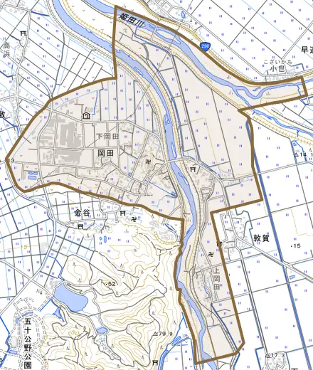 岡田とその周辺の地図。町の範囲を重ねている
