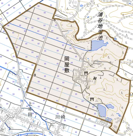 岡屋敷とその周辺の地図。町の範囲を重ねている