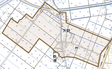 大野とその周辺の地図。町の範囲を重ねている