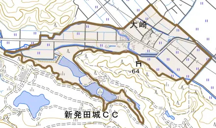 大崎とその周辺の地図。町の範囲を重ねている