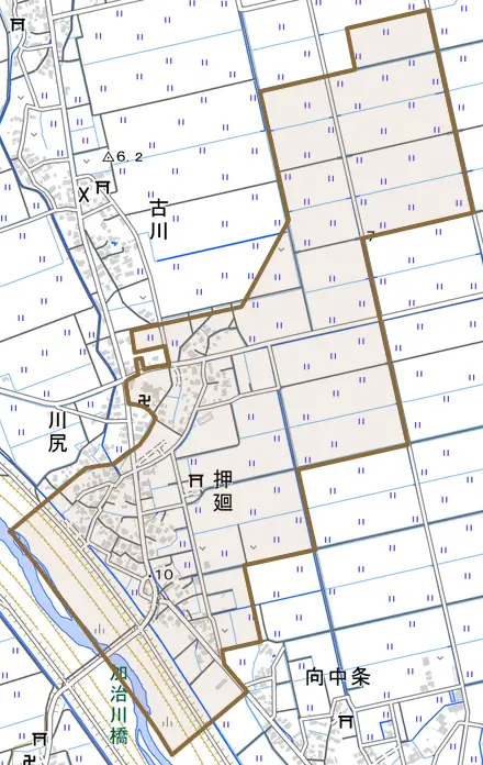 押廻とその周辺の地図。町の範囲を重ねている