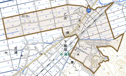 乙次とその周辺の地図。町の範囲を重ねている