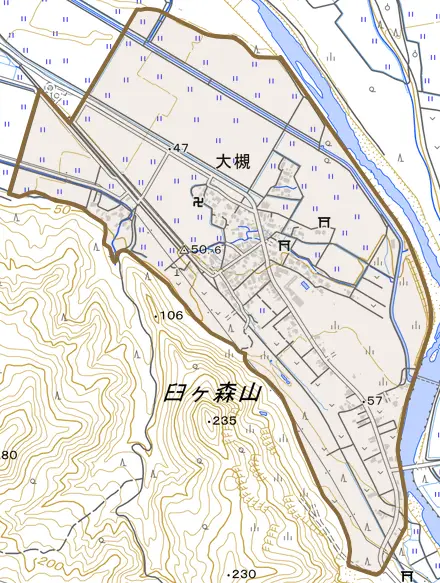 大槻とその周辺の地図。町の範囲を重ねている