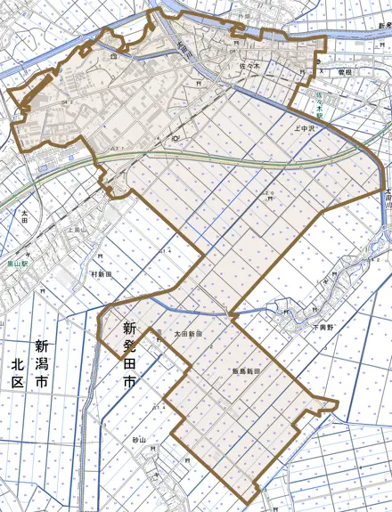 佐々木とその周辺の地図。町の範囲を重ねている