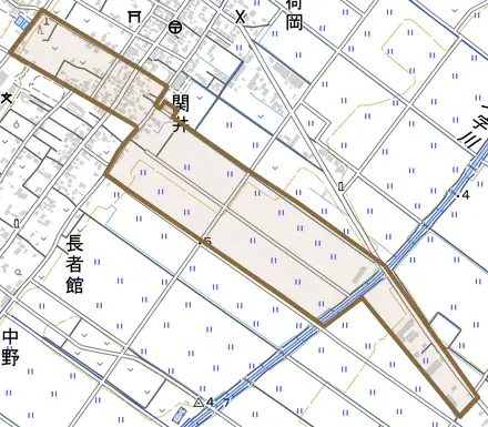 関井とその周辺の地図。町の範囲を重ねている