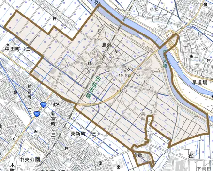 島潟とその周辺の地図。町の範囲を重ねている