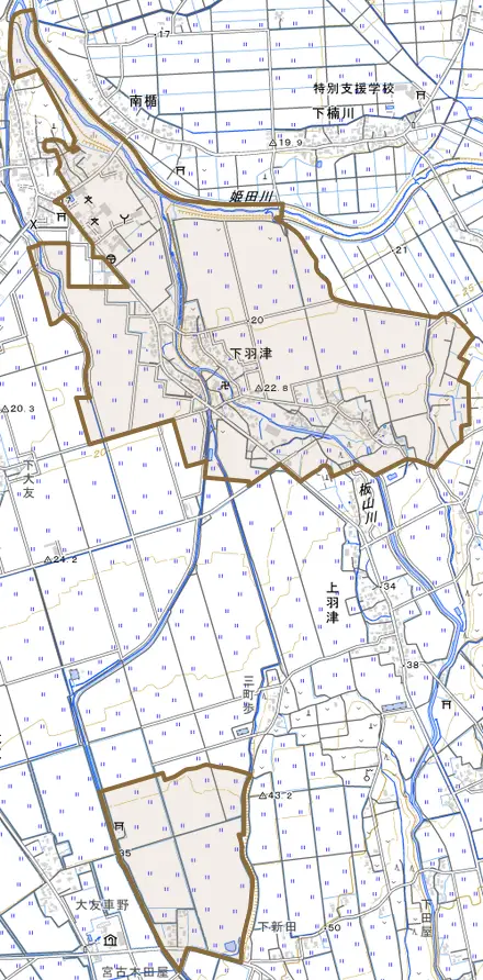 下羽津とその周辺の地図。町の範囲を重ねている