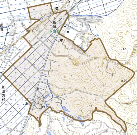 下飯塚とその周辺の地図。町の範囲を重ねている