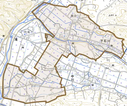 下石川とその周辺の地図。町の範囲を重ねている