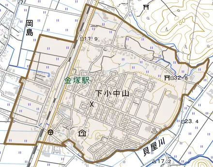 下小中山とその周辺の地図。町の範囲を重ねている