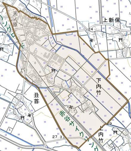 下内竹とその周辺の地図。町の範囲を重ねている