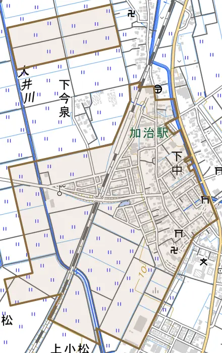 下中とその周辺の地図。町の範囲を重ねている