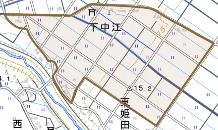 下中江とその周辺の地図。町の範囲を重ねている