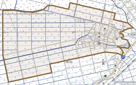 下中ノ目とその周辺の地図。町の範囲を重ねている
