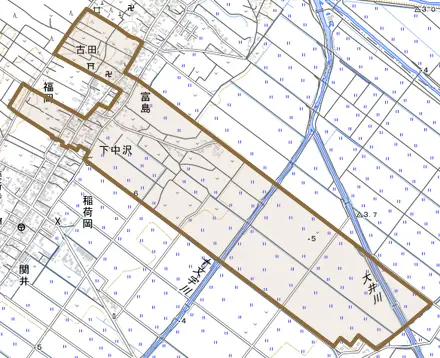 下中沢とその周辺の地図。町の範囲を重ねている
