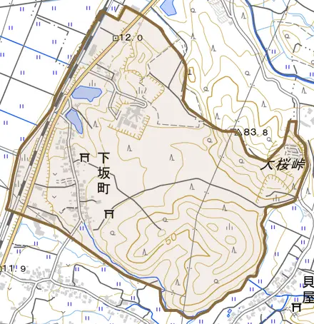 下坂町とその周辺の地図。町の範囲を重ねている