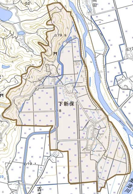下新保とその周辺の地図。町の範囲を重ねている