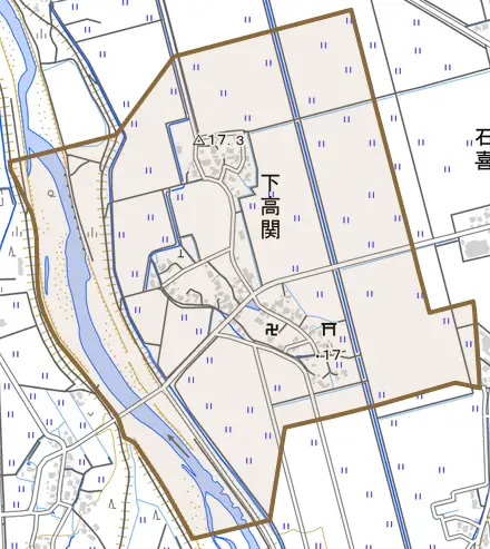下高関とその周辺の地図。町の範囲を重ねている