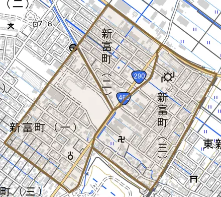 新富町とその周辺の地図。町の範囲を重ねている