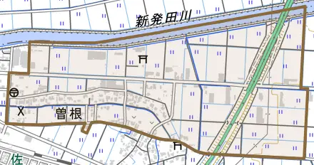 曽根とその周辺の地図。町の範囲を重ねている