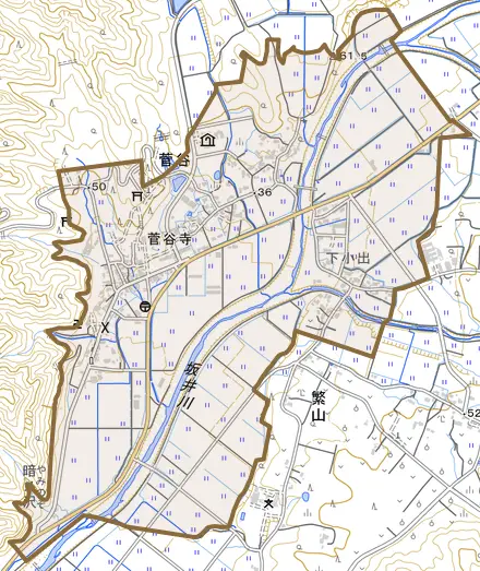 菅谷とその周辺の地図。町の範囲を重ねている