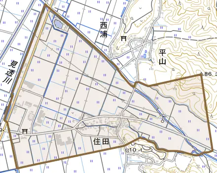 住田とその周辺の地図。町の範囲を重ねている