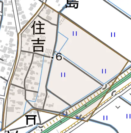 住吉とその周辺の地図。町の範囲を重ねている
