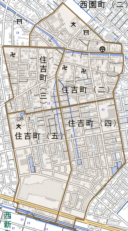 住吉町とその周辺の地図。町の範囲を重ねている