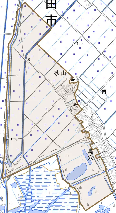 砂山とその周辺の地図。町の範囲を重ねている