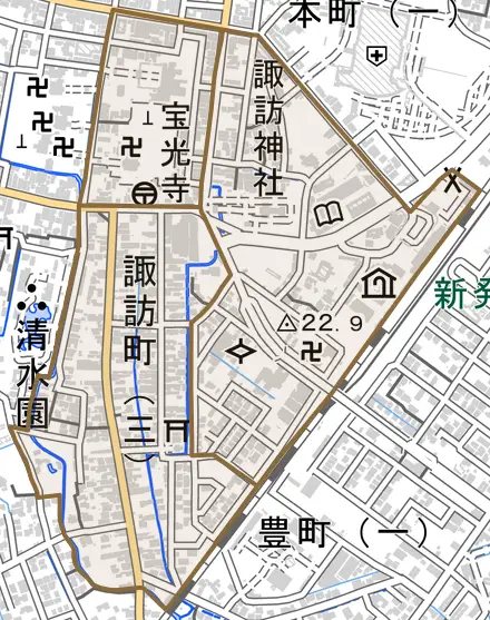 諏訪町とその周辺の地図。町の範囲を重ねている