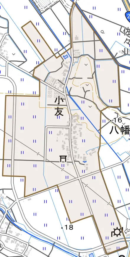 小友とその周辺の地図。町の範囲を重ねている