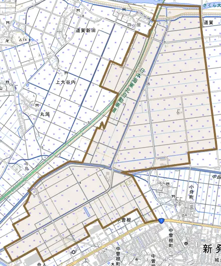 小舟渡とその周辺の地図。町の範囲を重ねている