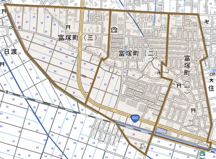 富塚町とその周辺の地図。町の範囲を重ねている