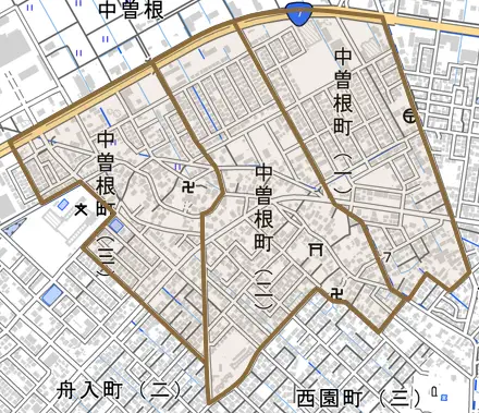 中曽根町とその周辺の地図。町の範囲を重ねている