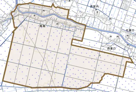 飯島とその周辺の地図。町の範囲を重ねている