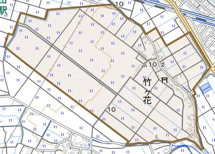 竹ケ花とその周辺の地図。町の範囲を重ねている