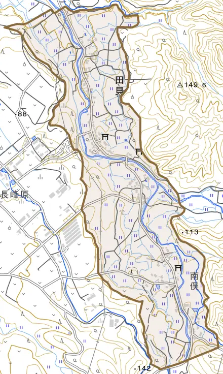 田貝とその周辺の地図。町の範囲を重ねている