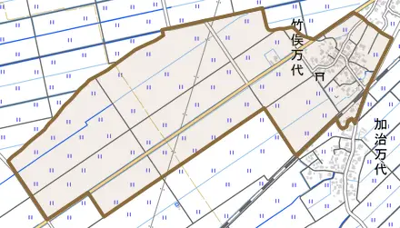 竹俣万代とその周辺の地図。町の範囲を重ねている