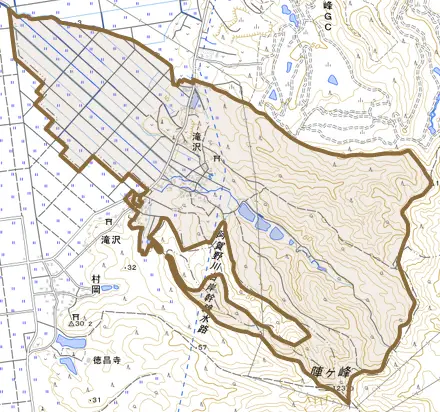 滝沢とその周辺の地図。町の範囲を重ねている