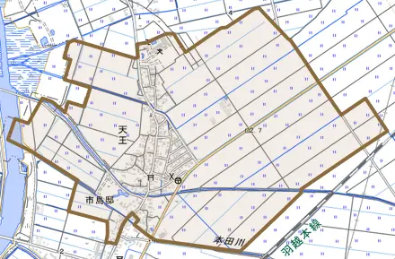 天王とその周辺の地図。町の範囲を重ねている