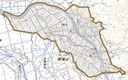 虎丸とその周辺の地図。町の範囲を重ねている