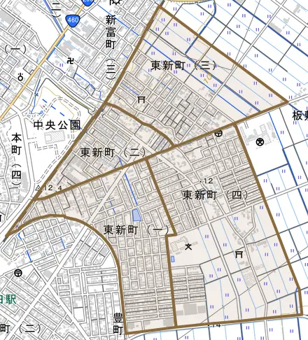 東新町とその周辺の地図。町の範囲を重ねている