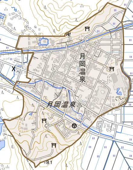 月岡温泉とその周辺の地図。町の範囲を重ねている